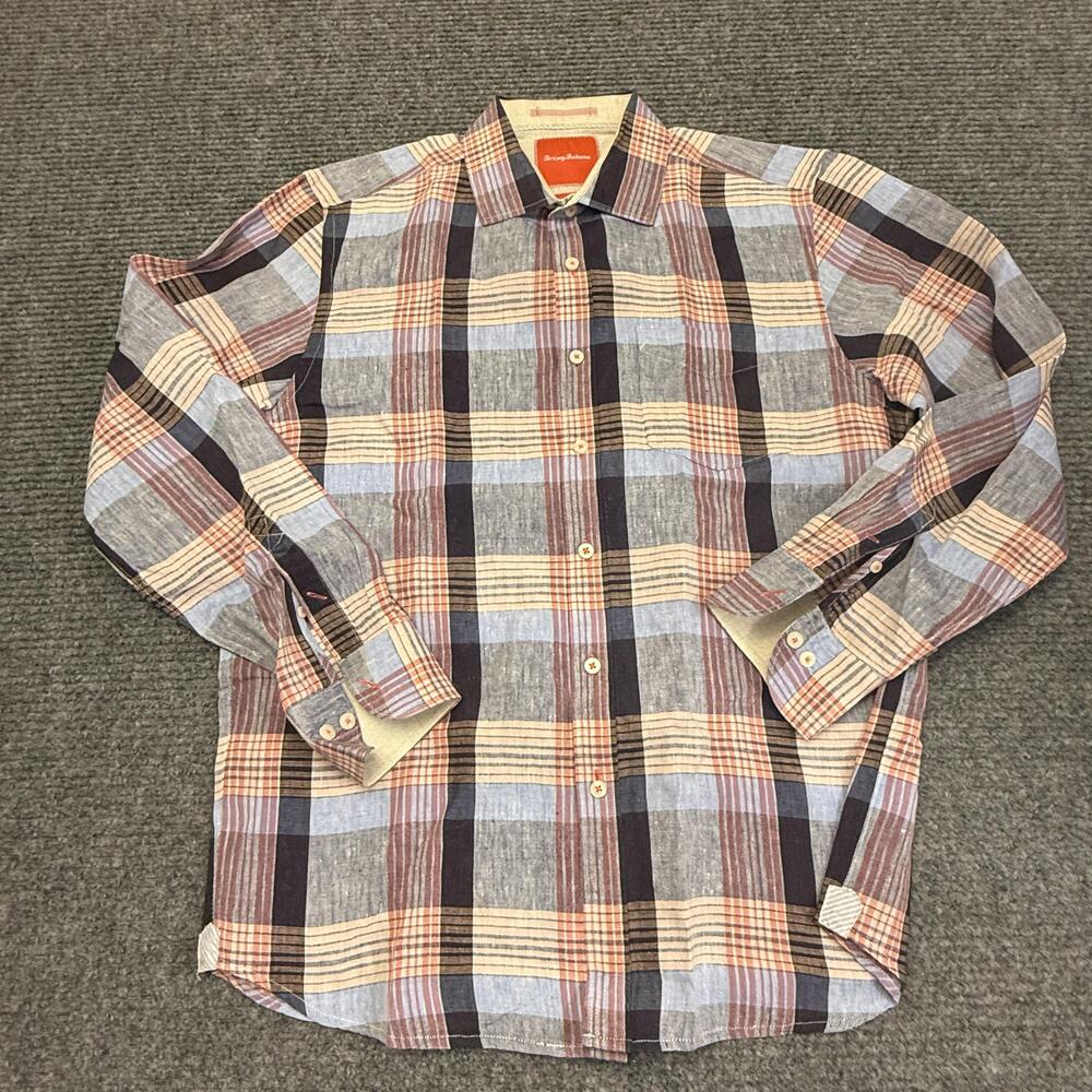 Tommy Bahama Shirt Mens Large Multicolor Plaid 100% Linen Long Sleeve Button Up